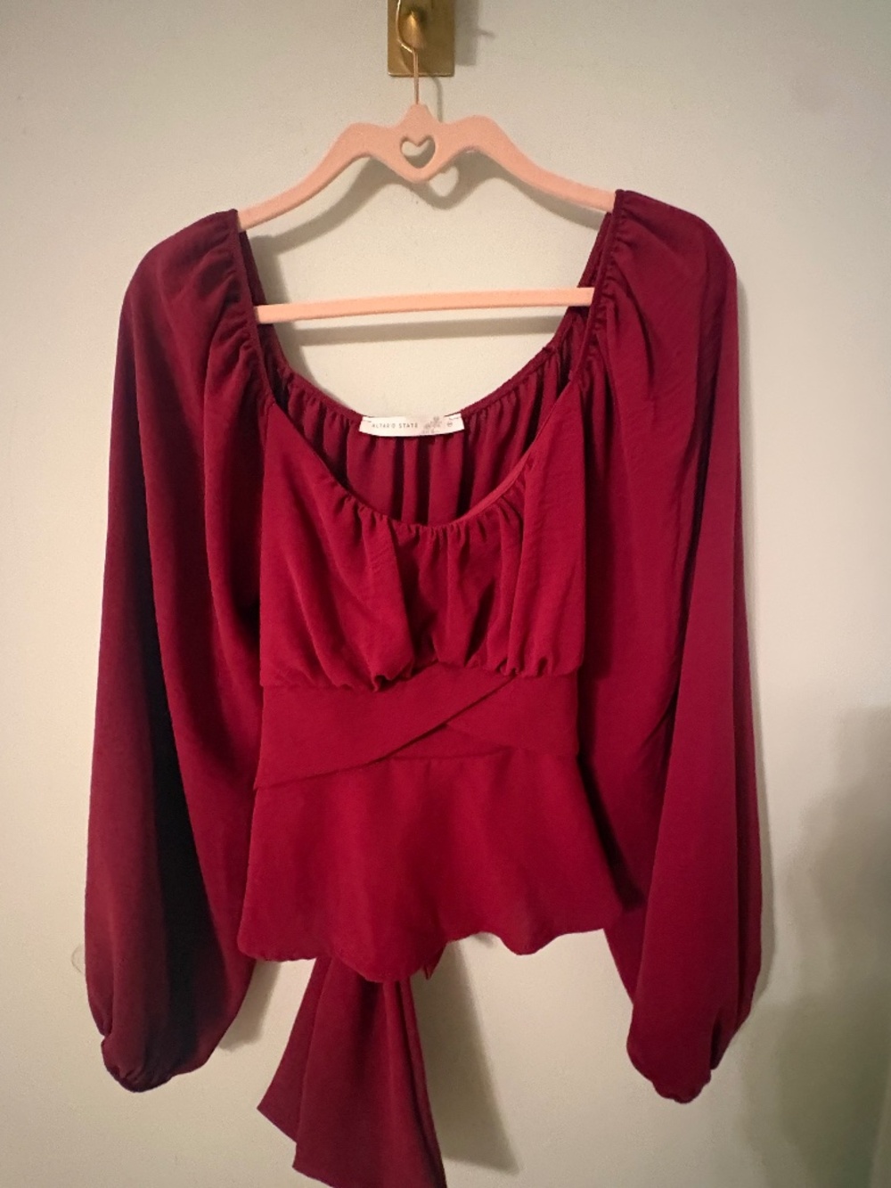 Altar'd State Burgundy Puff Sleeve Tie Back Peplum Blouse M